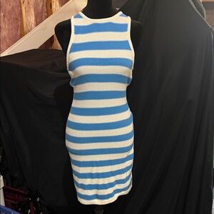 Sleeveless Blue and White Striped Midi Knit Dress